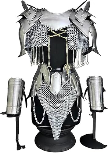 Mittelalterliches Fantasie-Rüstungs-Set für Damen, mit Kettenhemd, Schulterplatten und Armschutz, Silber, Größe S Mittelalterliches Fantasie-Rüstungs-Set für Damen, mit Kettenhemd, Schulterplatten und Armschutz, Silber, Größe S von Generic