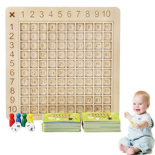 Montesori-Zählspielzeug für Kinder – Multiplikationsspielbrett aus Holz, Multiplikations-Montesori-Brett | Lerntafel mit Mathematikblöcken für 4 Männer, 100 Karten und 2 Würfel von Generic