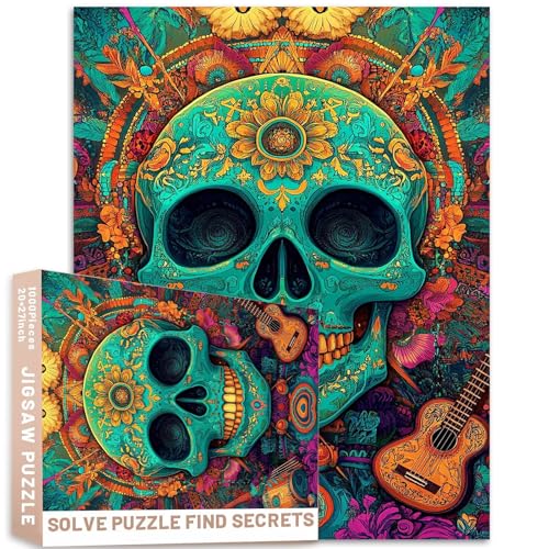 Musik-Totenkopf-Puzzle, Türkis, Gold, psychedelische Muster, Gitarren, Trommeln, Dia de Muertos, Kunst, 68 x 50 cm, bunt, DIY-Puzzles für Heimdekoration, Geschenke, Familienpuzzle, perfekt für Musik-Totenkopf-Puzzle, Türkis, Gold, psychedelische Muster, Gitarren, Trommeln, Dia de Muertos, Kunst, 68 x 50 cm, bunt, DIY-Puzzles für Heimdekoration, Geschenke, Familienpuzzle, perfekt für von Generic