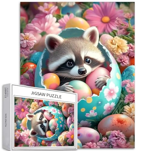 Neugeborenes Waschbär-Ei 1000 Teile Puzzle für Erwachsene Happy Easter Puzzles Tiere Puzzle Bunte DIY-Puzzles für Heimdekoration, Geschenke, Familienpuzzle, perfekt für Spieleabende, 68 x 50 cm von Generic