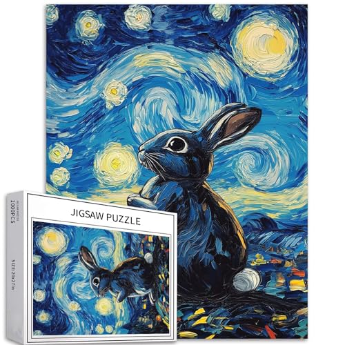 Niedlicher Hase, 1000 Teile Puzzle für Erwachsene, Van Gogh, Sternennacht Stil, bunt, DIY Wohndeko, Geschenke, Familien-Puzzle, ideal für Spieleabende, 50 x 60 cm von Generic