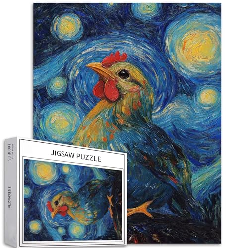 Niedliches Huhn-Puzzle für Erwachsene, Van Gogh, Sternennachtstil, Kunst-Puzzle, herausfordernde Familienaktivitäten, buntes Bastelpuzzle für Heimdekoration, Geschenke, 50 x 70 cm, 1000 Teile von Generic