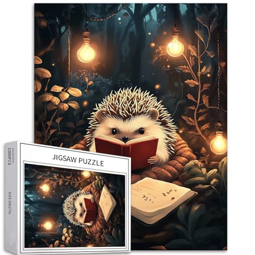 Niedliches Igel-Lesebuch, 1000-teiliges Puzzle für Erwachsene, Waldleseszene, Kunst-Puzzle, herausfordernde Familienaktivitäten, buntes Bastelpuzzle für Heimdekoration, Geschenke, 50 x 70 cm von Generic