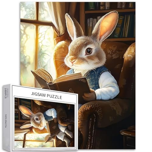 Niedliches Kaninchen, das ein Buch liest, 1000-teiliges Puzzle für Erwachsene, natürliche Beleuchtung, Atmosphäre, Kunst-Puzzle, herausfordernde Familienaktivitäten, buntes Bastelpuzzle für von Generic