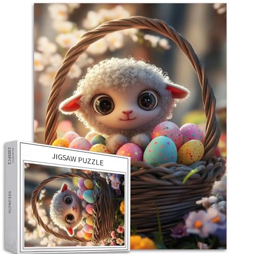 Niedliches flauschiges Lamm 1000 Teile Puzzle für Erwachsene, 68,6 x 50,8 cm, Ostereier-Puzzle, Oster-Puzzle, herausfordernde Familienaktivität-Spiele, buntes DIY-Bastelpuzzle für Heimdekoration, von Generic