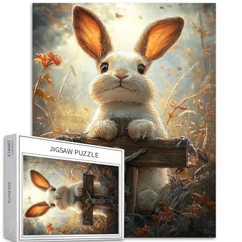 Osterhase sitzendes Holzkreuz 1000 Teile Puzzle für Erwachsene Ostereier Puzzles Osterpuzzle 68,6 x 50,8 cm herausfordernde Familienaktivitätsspiele buntes DIY-Bastelpuzzle für Heimdekoration von Generic