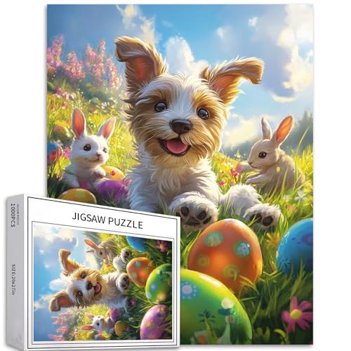 Osterpuzzle Welpe und Hase, 1000 Teile für Erwachsene, Ostereier-Puzzle, Osterpuzzle, 68,6 x 50,8 cm, anspruchsvolle Familienaktivitäten, buntes Bastelpuzzle für Heimdekoration, Geschenke von Generic