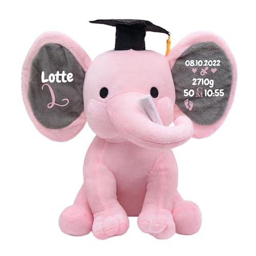 Personalisierte Geschenke Baby Elefant Junge Kuscheltier Mädchen Plüsch Geschenkidee zur Geburt & Taufe Personalisiert mit Namen Geburtsdatum Taufspruch Abitur Mütze (Rosa) von Generic