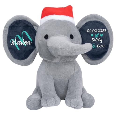 Personalisierte Geschenke Baby Elefant Junge Kuscheltier Mädchen Plüsch Geschenkidee zur Geburt & Taufe Personalisiert mit Namen Geburtsdatum Taufspruch Weihnachtsmütze (Grau) von Generic