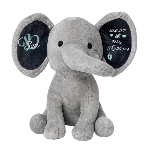 Personalisierte Geschenke Baby Elefant Junge Kuscheltier Mädchen Plüsch Geschenkidee zur Geburt & Taufe personalisiert mit Namen Geburtsdaten Taufspruch (Grau) von Generic