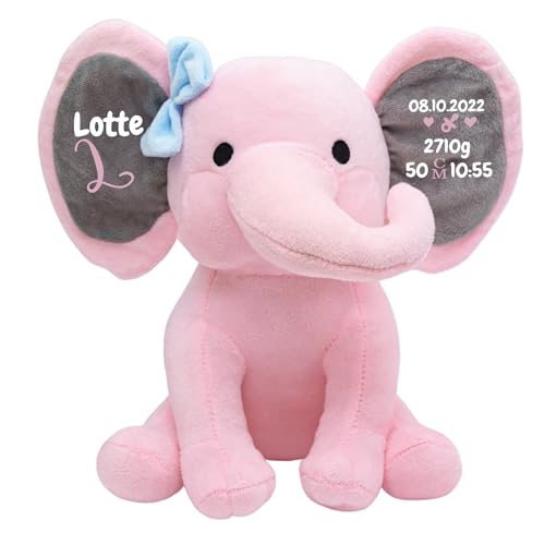 Personalisierte Geschenke Baby Elefant Junge Kuscheltier Mädchen Plüsch Geschenkidee zur Geburt & Taufe personalisiert mit Namen Geburtsdaten Taufspruch (Rosa) von Generic