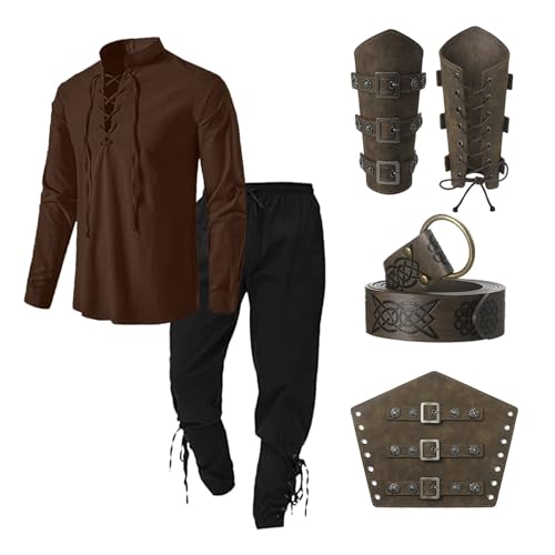 PiratenkostüM Herren Mittelalter Kleidung Herren Set, Herren Renaissance Kostüm Set mit Herren Mittelalterliches Piratenhemd, Hose, Gürtel, Handgelenkschützer für Halloween Karneval Kostüm Cosplay von Generic