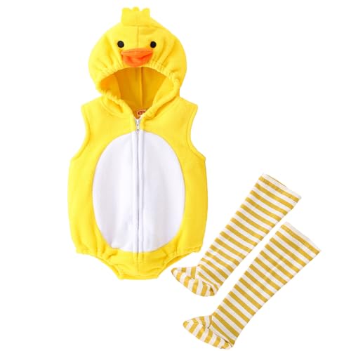 Plüsch Jumpsuit Küken Overall Faschingskostüm Für Kinder Baby Fleece Overall Cartoon Baby Tier Kostüm Karneval Kostüm Set Niedlich Kinder Strampler Cosplay Tier Bodysuit+Langen Socken (Yellow, 6-12M) von Generic