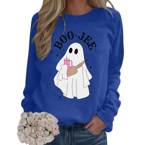 Pullover Damen Sweatshirt Damen Ohne Pullover Kürbisse Drucken Langarm Rundhals Pulli Halloween Langarmshirt Locker Oberteil Halloween Kostüm Sweatshirt Oberteil (Blue, XXL) von Generic