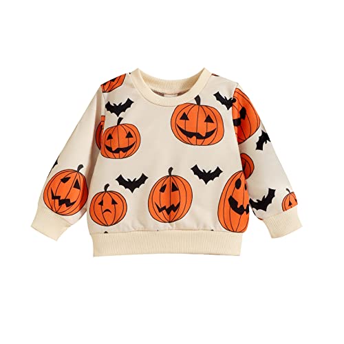 Pullover Jungen Kleinkind Jungen Halloween Langarm Drucke Pullover T Shirt Sweatshirt Tops Mädchen Baby Girls Casual Hooded für Neugeborenes Baby Halloween Kürbiskostüm (Beige, 12-18 Months) von Generic