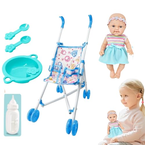 Puppe mit Kinderwagen, Puppenwagen-Set,Spielkinderwagen für Puppen mit Fütterungszubehör - 10-Zoll-Puppenspielset mit Kinderwagen-Puppenzubehör Rollenspielset für Kinder Mädchen ab 3 Jahren von Generic