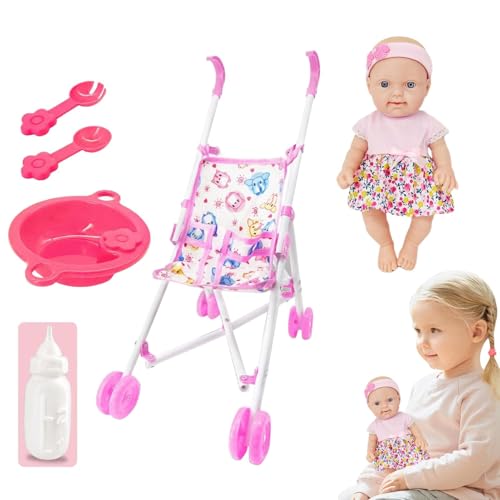 Puppe mit Kinderwagen-Set,Puppe mit Kinderwagen - Esszimmerstuhl für Kleinkinder, Puppenzubehör für Kinder,10 Zoll realistische Puppe mit Kinderwagenzubehör für Kinder Rollenspielhausspielzeug für Mäd von Generic