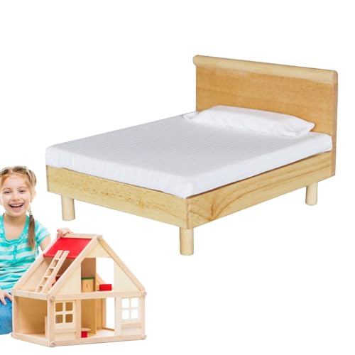 Puppenhausbett, kleines Bett, Puppenmöbel, Spielzeugbett, sichere und zuverlässige Puppenhausmöbel im Maßstab 1:12, Puppenbettwäsche aus mit Matratze und Kissen, Puppenhauszubehör von Generic