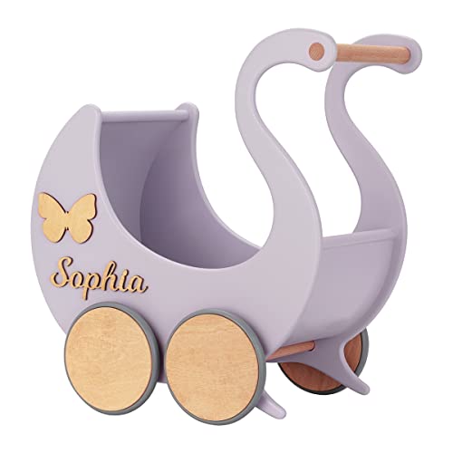 Puppenwagen ab 1 Jahr - Individuell mit Namen - Handgefertigter Puppenwagen - Holzpuppenwagen - Sicher Abgerundete Kanten - Ausdrucksstarke und Schöne Farben (Lavendel) von TukuTuk