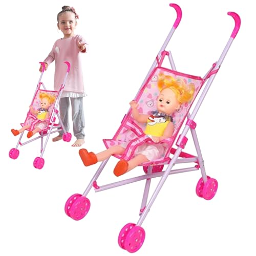 Puppenwagen mit zufälliger Kleidung Babypuppen -Cartoon -Muster Babypuppen Kinderwagen Sicherheitsgürtel & Push Griff tragbares faltbares Babypuppenwagen für Mädchen, tun Sie vor, Spiel zu Spielen. von Generic