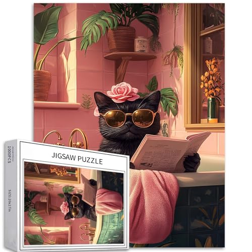 Puzzle, 1000 Teile, schwarze Katze in der Badewanne, für Erwachsene, Kunstpuzzle mit Katze, die ein Buch liest, buntes Puzzle für Heimdekoration, Geschenke, Familienpuzzle, von Generic