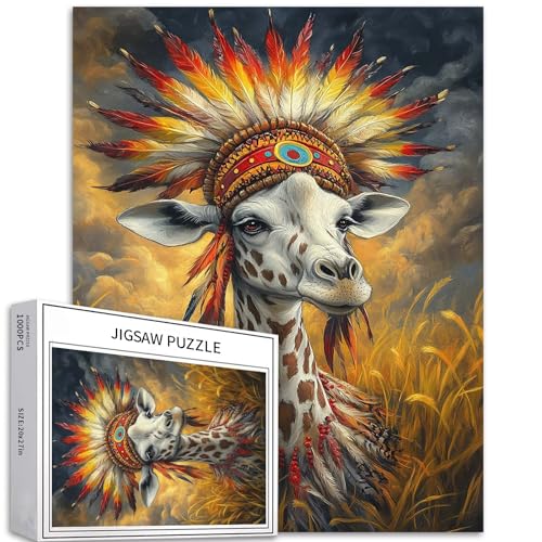 Puzzle Giraffe auf dem Grasland, 1000 Teile für Erwachsene, indisches Federhelm, Kunst-Puzzle, buntes DIY-Puzzle, für Heimdekoration, Geschenke, Familienpuzzle, perfekt für Spieleabende, 50 x 70 cm Puzzle Giraffe auf dem Grasland, 1000 Teile für Erwachsene, indisches Federhelm, Kunst-Puzzle, buntes DIY-Puzzle, für Heimdekoration, Geschenke, Familienpuzzle, perfekt für Spieleabende, 50 x 70 cm von Generic