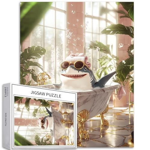 Puzzle Hai in der Badewanne, 1000 Teile für Erwachsene, Seifenblasenszene, Kunstpuzzle, anspruchsvolle Familienaktivitäten, buntes Bastelpuzzle für Heimdekoration, Geschenke, 50 x 70 cm von Generic