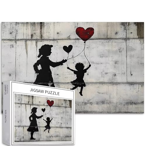 Puzzle Mutter und Kind, 1000 Teile für Erwachsene, herzförmiger Ballon, Banksy-Stil, Puzzle, herausfordernde Familienaktivitäten, buntes Bastelpuzzle für Heimdekoration, Geschenke, 68 x 50 cm von Generic