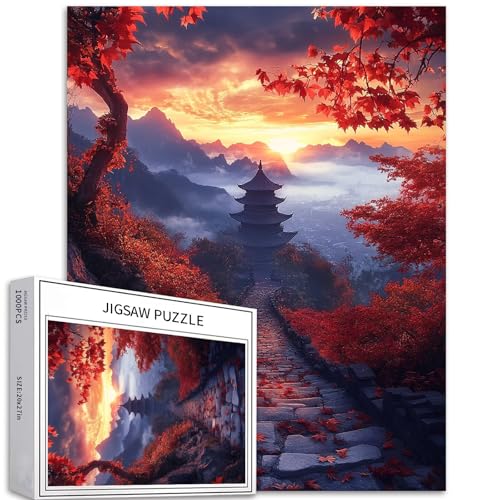 Puzzle "Tempel im Herbst", 1000 Teile für Erwachsene, rotes Ahornblatt-Szene, Kunst-Puzzle, herausfordernde Familien-Aktivitätsspiele, buntes DIY-Bastelpuzzle für Heimdekoration, Geschenke, 50 x 70 cm von Generic