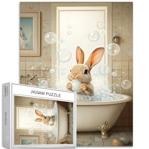 Puzzle mit Häschen in der Badewanne, 1000 Teile für Erwachsene, Osterhasen-Kunst-Puzzle, herausfordernde Familienaktivitäten, buntes Bastelpuzzle für Heimdekoration, Geschenke, 50 x 70 cm von Generic