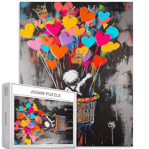 Puzzle mit Herz und Krone, Graffiti, 1000 Teile für Erwachsene, Heißluftballon, Banksy-Stil, Puzzle, anspruchsvolle Familienaktivitäten, buntes Bastelpuzzle für Heimdekoration, Geschenke, 50,8 x 68,6 von Generic