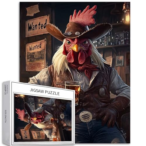 Puzzle mit Huhn-Cowboy-Motiv, 1000 Teile, für Erwachsene, Fantasie-Taverne-Kunst-Puzzle, bunt, DIY-Puzzle, für Heimdekoration, Geschenke, Familienpuzzle, perfekt für Spieleabende, 50 x 70 cm Puzzle mit Huhn-Cowboy-Motiv, 1000 Teile, für Erwachsene, Fantasie-Taverne-Kunst-Puzzle, bunt, DIY-Puzzle, für Heimdekoration, Geschenke, Familienpuzzle, perfekt für Spieleabende, 50 x 70 cm von Generic