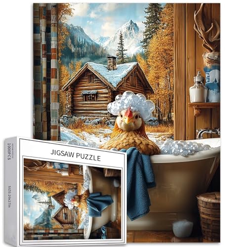 Puzzle mit Huhn in der Badewanne, 1000 Teile für Erwachsene, Holzhütten-Szene, Kunst-Puzzle, anspruchsvolle Familienaktivitäten, buntes Bastelpuzzle für Heimdekoration, Geschenke, 50 x 70 cm von Generic