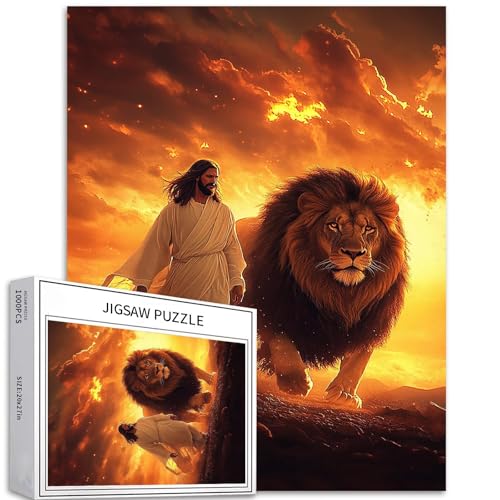 Puzzle mit Jesus und Löwe, 1000 Teile für Erwachsene, Jesus im weißen Gewand, Kunst-Puzzle, herausfordernde Familienaktivitäten, buntes Bastelpuzzle für Heimdekoration, Geschenke, 50 x 70 cm von Generic