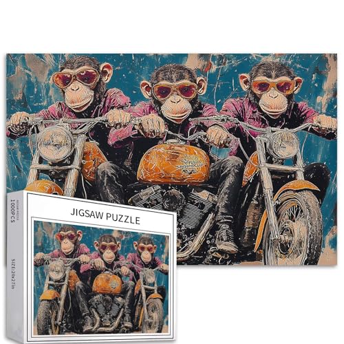 Puzzle mit drei Affen, die Harley reiten, 1000-teiliges Puzzle für Erwachsene, Affe, Motorrad, Kunstpuzzle, anspruchsvolle Familienaktivitäten, buntes Bastelpuzzle für Heimdekoration, Geschenke, 68 x von Generic