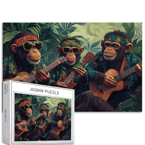 Puzzle mit drei Affen in Hippie-Outfits, 1000 Teile, lustige Affen, schöne Tiere, Puzzle für Erwachsene, anspruchsvolle Familienaktivitäten, 70 × 50 cm, buntes Bastelpuzzle für Heimdekoration, von Generic