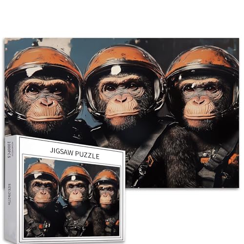 Puzzle mit drei Affen mit Weltraumhelmen für Erwachsene, Sci-Fi-Affen-Kunst-Puzzle, anspruchsvolle Familienaktivitäten, buntes Bastelpuzzle für Heimdekoration, Geschenke, 68 x 50 cm, 1000 Teile von Generic