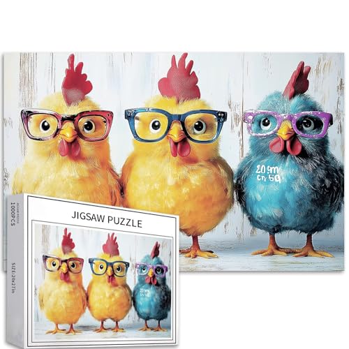 Puzzle mit drei Hühnern mit Brille, 1000-teiliges Puzzle für Erwachsene, Cartoon-Stil, Kunst-Puzzle, bunt, DIY-Puzzles für Heimdekoration, Geschenke, Familienpuzzle, perfekt für Spieleabende, 68 x 50 von Generic