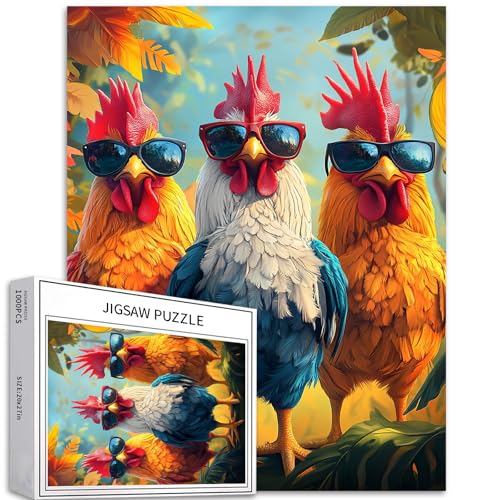 Puzzle mit drei Hühnern mit Sonnenbrille, 1000-teiliges Puzzle für Erwachsene, Blätter und Bäume, Hintergrundkunst-Puzzle, herausfordernde Familienaktivitäten, buntes Bastelpuzzle für Heimdekoration, von Generic