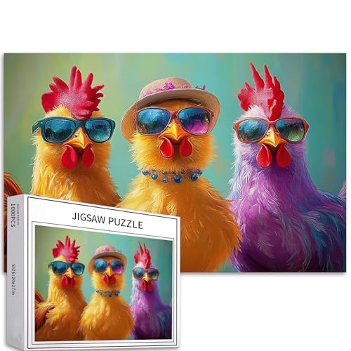 Puzzle mit drei niedlichen Hühnern, 1000 Teile, für Erwachsene, Hühner, die Sonnenbrille und Hüte tragen, bunte DIY-Puzzles für Heimdekoration, Geschenke, Familienpuzzle, perfekt für Spieleabende, 70 von Generic