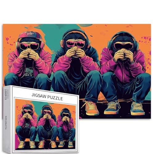 Puzzle mit drei stilvollen Affen, 1000 Teile für Erwachsene, modisch, Streetwear, Kunst-Puzzle, 68 x 50 cm, anspruchsvolle Familienaktivitäten, buntes Bastelpuzzle für Heimdekoration, Geschenke von Generic