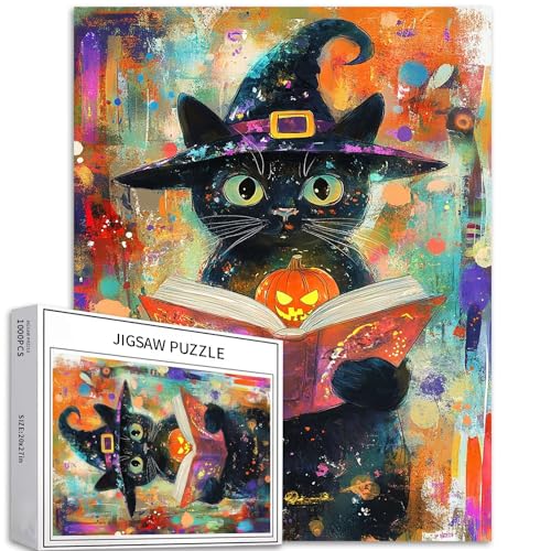 Puzzle mit schwarzem Katzen-Zauberer-Bild, 1000 Teile für Erwachsene, Halloween-Szene, Kunst-Puzzle, buntes DIY-Puzzle, für Heimdekoration, Geschenke, Familienpuzzle, perfekt für Spielabende, 50 x 70 Puzzle mit schwarzem Katzen-Zauberer-Bild, 1000 Teile für Erwachsene, Halloween-Szene, Kunst-Puzzle, buntes DIY-Puzzle, für Heimdekoration, Geschenke, Familienpuzzle, perfekt für Spielabende, 50 x 70 von Generic