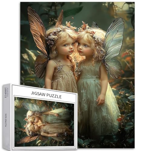 Puzzle mit zwei Feenkindern, 1000 Teile für Erwachsene, Fantasy-Elfe mit Flügeln, Kunst-Puzzle, herausfordernde Familienaktivitäten, buntes Bastelpuzzle für Heimdekoration, Geschenke, 50 x 70 cm von Generic