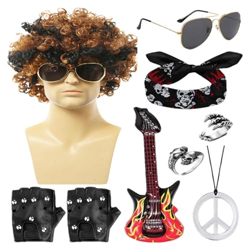 Rockstar Kostüm Set 70er Jahre Herren | Herren Rocker Punk Kostüm Set 9-teilig Rockstar Kostüm Set für Punk Party Hippie 70er Jahre von Generic