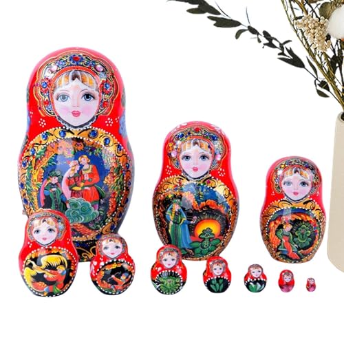 Russische Nistpuppen - Matrjoschkas aus Holz, handbemalte 10-lagige Puppen | Klassische russische Malerei, Touristen-Kunsthandwerk, dekorative Figuren für Kinderzimmer, Festliche Weihnachtsdekoration von Generic