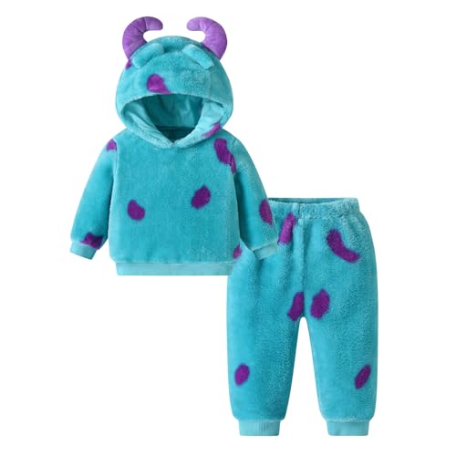 Säugling Kleinkind Monster Kostüm Baby Halloween Monster Horn Dress Up Winter Warm Plüsch Hoodie Hose Outfits (Blue, 100) von Generic