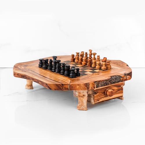 Schachspiel Holz, Schachbrett aus Olivenholz, Brettspiel Holz, Handgefertigt,100 Bio, rustikal mit Schublade, Schachbrett aus Olivenholz mit Füße inkl. Figuren, einzigartige Schachgeschenke (Schwarz) von Generic