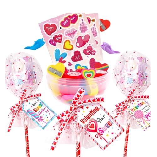 Schreibwaren für Lutscher, Valentinstag, Briefpapier zum Valentinstag | Party Favors Exchange Bleistifte Aufkleber Radiergummi | Multifunktionale Leckerli-Beutel, Set für Kinder von Generic