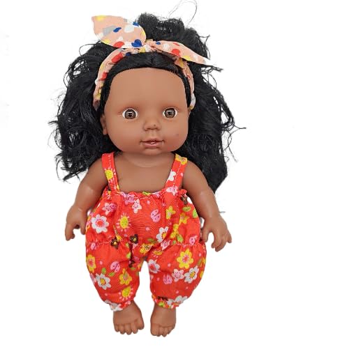 Schwarze Puppe für Mädchen, 27cm Afrikanische Babypuppe mit lockigem Haar, Musik Puppen Spielzeug für Kinder Alter 2 3 4 5 Jahre, Reborn Baby Doll mit Mode Dressing Geschenk (Orange) von Generic