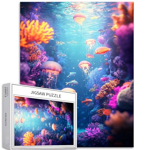 Schwimmende Quallen, 1000-teiliges Puzzle für Erwachsene, leuchtende Korallenszene, Kunst-Puzzle, bunte DIY-Puzzles für Heimdekoration, Geschenke, Familienpuzzle, perfekt für Spielabende, 50,8 x 68,9 von Generic